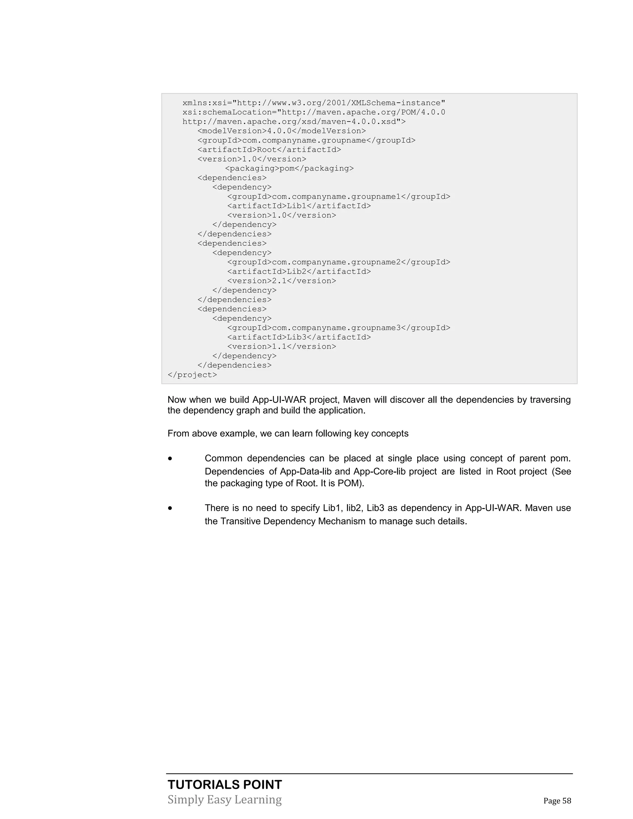 TUTORIALS POINT
Simply Easy Learning Page 58
xmlns:xsi="http://www.w3.org/2001/XMLSchema-instance"
xsi:schemaLocation="http://maven.apache.org/POM/4.0.0
http://maven.apache.org/xsd/maven-4.0.0.xsd">
<modelVersion>4.0.0</modelVersion>
<groupId>com.companyname.groupname</groupId>
<artifactId>Root</artifactId>
<version>1.0</version>
<packaging>pom</packaging>
<dependencies>
<dependency>
<groupId>com.companyname.groupname1</groupId>
<artifactId>Lib1</artifactId>
<version>1.0</version>
</dependency>
</dependencies>
<dependencies>
<dependency>
<groupId>com.companyname.groupname2</groupId>
<artifactId>Lib2</artifactId>
<version>2.1</version>
</dependency>
</dependencies>
<dependencies>
<dependency>
<groupId>com.companyname.groupname3</groupId>
<artifactId>Lib3</artifactId>
<version>1.1</version>
</dependency>
</dependencies>
</project>
Now when we build App-UI-WAR project, Maven will discover all the dependencies by traversing
the dependency graph and build the application.
From above example, we can learn following key concepts
 Common dependencies can be placed at single place using concept of parent pom.
Dependencies of App-Data-lib and App-Core-lib project are listed in Root project (See
the packaging type of Root. It is POM).
 There is no need to specify Lib1, lib2, Lib3 as dependency in App-UI-WAR. Maven use
the Transitive Dependency Mechanism to manage such details.
 