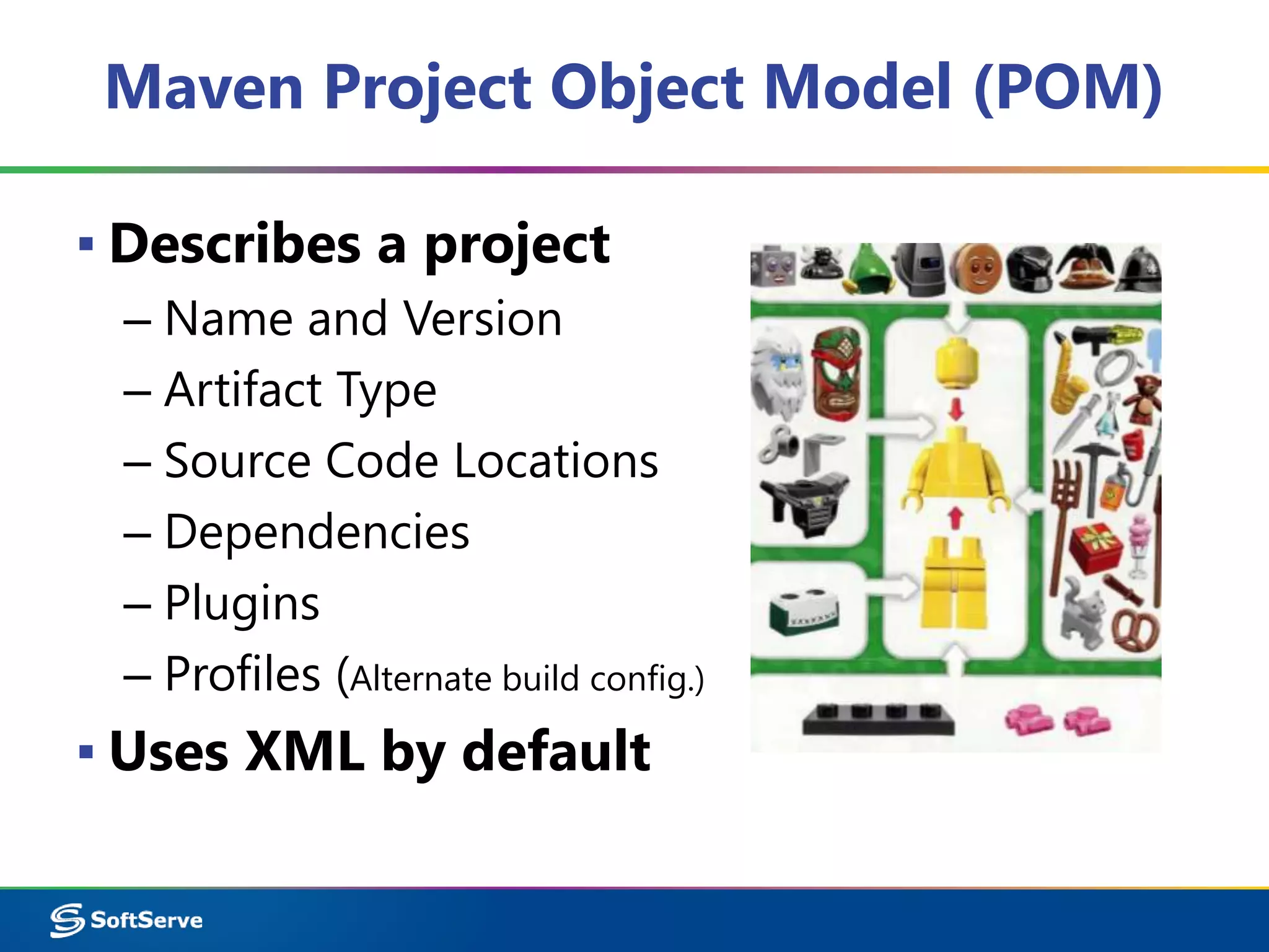 Maven Project Object Model (POM) 
▪ Describes a project 
– Name and Version 
– Artifact Type 
– Source Code Locations 
– Dependencies 
– Plugins 
– Profiles (Alternate build config.) 
▪ Uses XML by default 
 