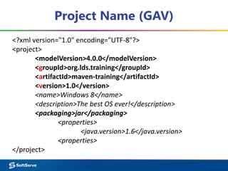 Project Name (GAV) 
<?xml version="1.0" encoding="UTF-8"?> 
<project> 
<modelVersion>4.0.0</modelVersion> 
<groupId>org.lds.training</groupId> 
<artifactId>maven-training</artifactId> 
<version>1.0</version> 
<name>Windows 8</name> 
<description>The best OS ever!</description> 
<packaging>jar</packaging> 
<properties> 
<java.version>1.6</java.version> 
<properties> 
</project> 
 