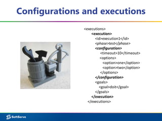Configurations and executions 
<executions> 
<execution> 
<id>execution1</id> 
<phase>test</phase> 
<configuration> 
<timeout>10</timeout> 
<options> 
<option>one</option> 
<option>two</option> 
</options> 
</configuration> 
<goals> 
<goal>doit</goal> 
</goals> 
</execution> 
</executions> 
 