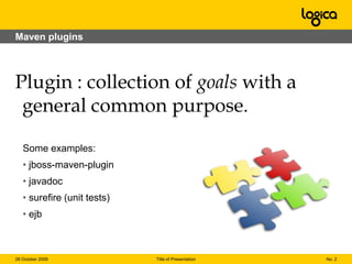 AgendaDefinition and originesAnt VS MavenThe POM fileMaven pluginsMaven archetypesRepositoriesDependency ManagementLifecycleA quick demoQ&ANo. 208 September 2009Title of Presentation