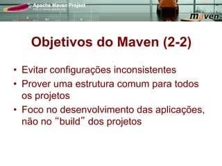 Objetivos do Maven (2-2)
•  Evitar configurações inconsistentes
•  Prover uma estrutura comum para todos
   os projetos
•  Foco no desenvolvimento das aplicações,
   não no build dos projetos
 