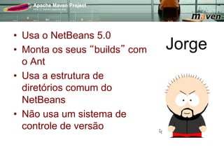 •  Usa o NetBeans 5.0
•  Monta os seus builds com   Jorge
   o Ant
•  Usa a estrutura de
   diretórios comum do
   NetBeans
•  Não usa um sistema de
   controle de versão
 