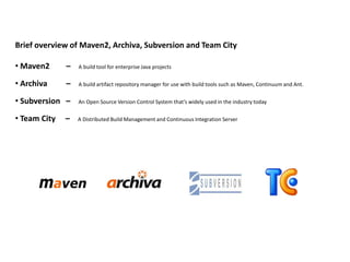 Brief overview of Maven2, Archiva, Subversion and Team City

• Maven2      –   A build tool for enterprise Java projects


• Archiva     –   A build artifact repository manager for use with build tools such as Maven, Continuum and Ant.


• Subversion –    An Open Source Version Control System that’s widely used in the industry today


• Team City   –   A Distributed Build Management and Continuous Integration Server
 