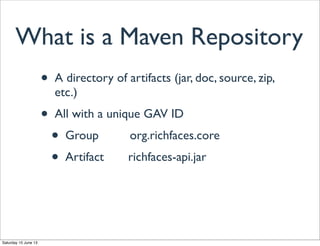 What is a Maven Repository
• A directory of artifacts (jar, doc, source, zip,
etc.)
• All with a unique GAV ID
• Group org.richfaces.core
• Artifact richfaces-api.jar
Saturday 15 June 13
 