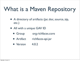 What is a Maven Repository
• A directory of artifacts (jar, doc, source, zip,
etc.)
• All with a unique GAV ID
• Group org.richfaces.core
• Artifact richfaces-api.jar
• Version 4.0.2
Saturday 15 June 13
 