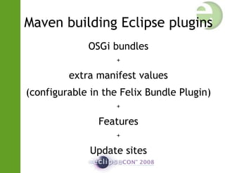 Maven building Eclipse plugins
OSGi bundles
+
extra manifest values
(configurable in the Felix Bundle Plugin)
+
Features
+
Update sites
 
