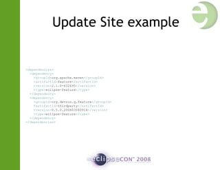 Update Site example
<dependencies>
<dependency>
<groupId>org.apache.maven</groupId>
<artifactId>feature</artifactId>
<version>2.1.0-632695</version>
<type>eclipse-feature</type>
</dependency>
<dependency>
<groupId>org.devzuz.q.feature</groupId>
<artifactId>thirdparty</artifactId>
<version>0.5.0.200803040914</version>
<type>eclipse-feature</type>
</dependency>
</dependencies>
 