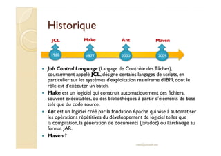 HHiissttoorriiqquuee 
JCL Make Ant Maven 
1960 1977 2000 2005 
 Job Control Language (Langage de Contrôle des Tâches), 
co...
