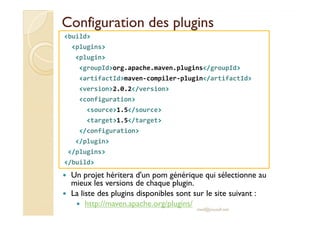 Configuration ddeess pplluuggiinnss 
build 
plugins 
plugin 
groupIdorg.apache.maven.plugins/groupId 
artifactIdmaven-comp...