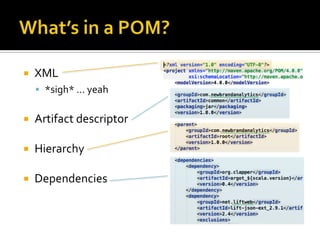    XML
     *sigh* … yeah


   Artifact descriptor

   Hierarchy

   Dependencies
 
