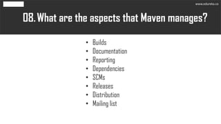 What are the aspects that Maven manages?08.
• Builds
• Documentation
• Reporting
• Dependencies
• SCMs
• Releases
• Distribution
• Mailing list
www.edureka.co
 