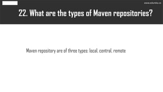 What are the types of Maven repositories?22.
Maven repository are of three types: local, central, remote
www.edureka.co
 