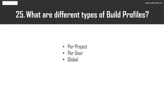 What are different types of Build Profiles?25.
• Per Project
• Per User
• Global
www.edureka.co
 