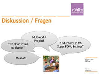 Einführung in Maven
© Zühlke 2010
4. Mai 2010
Torben Knerr
Folie 29
Diskussion / Fragen
POM, Parent POM,
Super POM, Settings?
Multimodul
Projekt?
mvn clean install
vs. deploy?
Maven!?
 