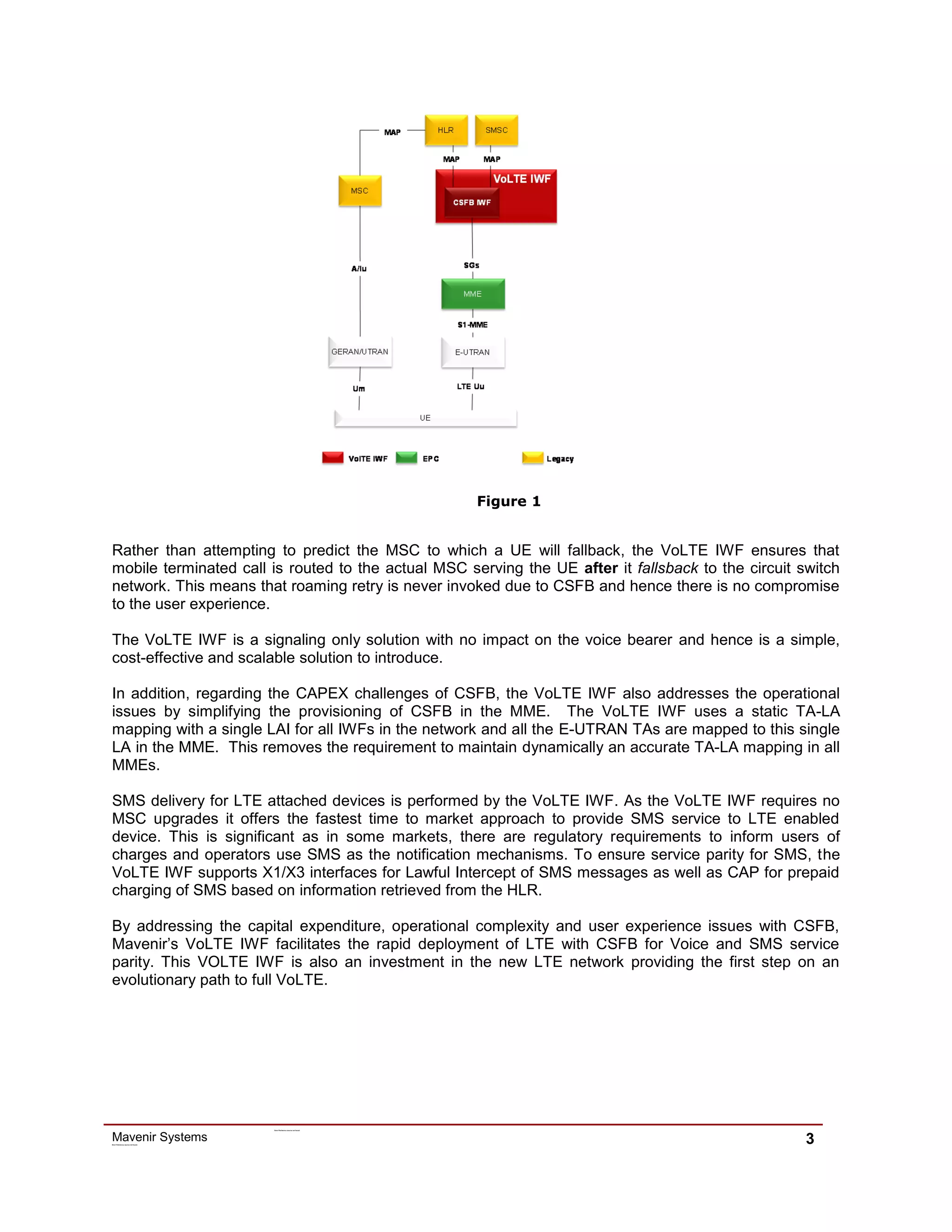 Mavenir SystemsError! R ef erence source not found.
Error! R ef erence source not found.
3
Figure 1
Rather than attempting to predict the MSC to which a UE will fallback, the VoLTE IWF ensures that
mobile terminated call is routed to the actual MSC serving the UE after it fallsback to the circuit switch
network. This means that roaming retry is never invoked due to CSFB and hence there is no compromise
to the user experience.
The VoLTE IWF is a signaling only solution with no impact on the voice bearer and hence is a simple,
cost-effective and scalable solution to introduce.
In addition, regarding the CAPEX challenges of CSFB, the VoLTE IWF also addresses the operational
issues by simplifying the provisioning of CSFB in the MME. The VoLTE IWF uses a static TA-LA
mapping with a single LAI for all IWFs in the network and all the E-UTRAN TAs are mapped to this single
LA in the MME. This removes the requirement to maintain dynamically an accurate TA-LA mapping in all
MMEs.
SMS delivery for LTE attached devices is performed by the VoLTE IWF. As the VoLTE IWF requires no
MSC upgrades it offers the fastest time to market approach to provide SMS service to LTE enabled
device. This is significant as in some markets, there are regulatory requirements to inform users of
charges and operators use SMS as the notification mechanisms. To ensure service parity for SMS, the
VoLTE IWF supports X1/X3 interfaces for Lawful Intercept of SMS messages as well as CAP for prepaid
charging of SMS based on information retrieved from the HLR.
By addressing the capital expenditure, operational complexity and user experience issues with CSFB,
Mavenir’s VoLTE IWF facilitates the rapid deployment of LTE with CSFB for Voice and SMS service
parity. This VOLTE IWF is also an investment in the new LTE network providing the first step on an
evolutionary path to full VoLTE.
 