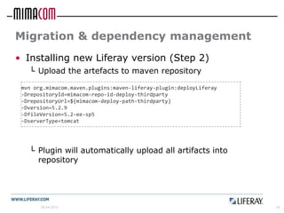 Migration & dependency management
• Installing new Liferay version (Step 2)
   └ Upload the artefacts to maven repository

 mvn org.mimacom.maven.plugins:maven-liferay-plugin:deployLiferay
 -DrepositoryId=mimacom-repo-id-deploy-thirdparty
 -DrepositoryUrl=${mimacom-deploy-path-thirdparty}
 -Dversion=5.2.9
 -DfileVersion=5.2-ee-sp5
 -DserverType=tomcat




   └ Plugin will automatically upload all artifacts into
     repository




       26.04.2012                                                   24
 