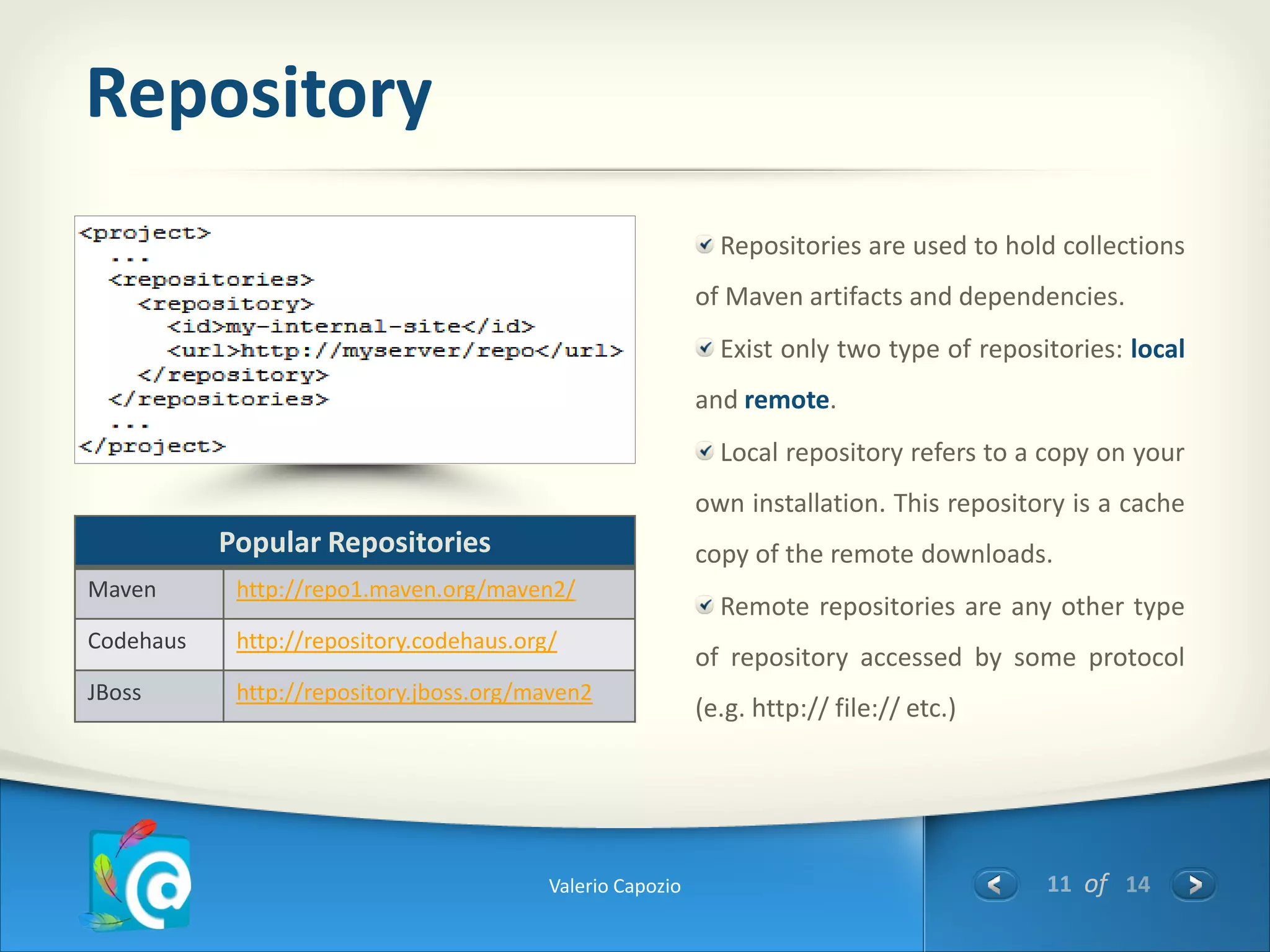 Repository
                                                              Repositories are used to hold collections
                                                            of Maven artifacts and dependencies.
                                                              Exist only two type of repositories: local
                                                            and remote.
                                                              Local repository refers to a copy on your
                                                            own installation. This repository is a cache
           Popular Repositories                             copy of the remote downloads.
Maven       http://repo1.maven.org/maven2/
                                                              Remote repositories are any other type
Codehaus    http://repository.codehaus.org/
                                                            of repository accessed by some protocol
JBoss       http://repository.jboss.org/maven2
                                                            (e.g. http:// file:// etc.)




                                          Valerio Capozio                                  11 of 14
 