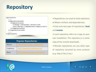Repository
                                                              Repositories are used to hold collections
                                                            of Maven artifacts and dependencies.
                                                              Exist only two type of repositories: local
                                                            and remote.
                                                              Local repository refers to a copy on your
                                                            own installation. This repository is a cache
           Popular Repositories                             copy of the remote downloads.
Maven       http://repo1.maven.org/maven2/
                                                              Remote repositories are any other type
Codehaus    http://repository.codehaus.org/
                                                            of repository accessed by some protocol
JBoss       http://repository.jboss.org/maven2
                                                            (e.g. http:// file:// etc.)




                                          Valerio Capozio                                  11 of 14
 