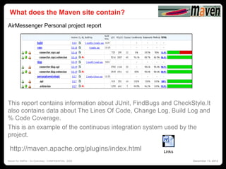 What does the Maven site contain?                                            11




AirMessenger Personal project report




This report contains information about JUnit, FindBugs and CheckStyle.It
also contains data about The Lines Of Code, Change Log, Build Log and
% Code Coverage.
This is an example of the continuous integration system used by the
project.

 http://maven.apache.org/plugins/index.html            Links

Maven for AMPer - An Overview | CONFIDENTIAL 2008                December 13, 2012
 