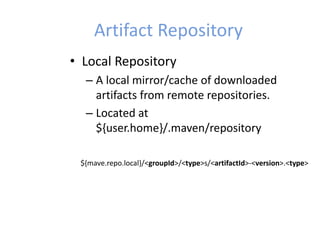 Artifact Repository
• Local Repository
– A local mirror/cache of downloaded
artifacts from remote repositories.
– Located at
${user.home}/.maven/repository
${mave.repo.local}/<groupId>/<type>s/<artifactId>-<version>.<type>
 
