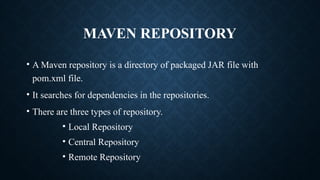 MAVEN REPOSITORY
• A Maven repository is a directory of packaged JAR file with
pom.xml file.
• It searches for dependencies in the repositories.
• There are three types of repository.
• Local Repository
• Central Repository
• Remote Repository
 