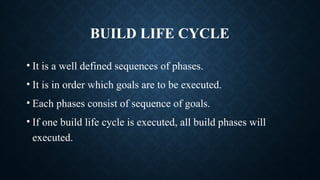 BUILD LIFE CYCLE
• It is a well defined sequences of phases.
• It is in order which goals are to be executed.
• Each phases consist of sequence of goals.
• If one build life cycle is executed, all build phases will
executed.
 