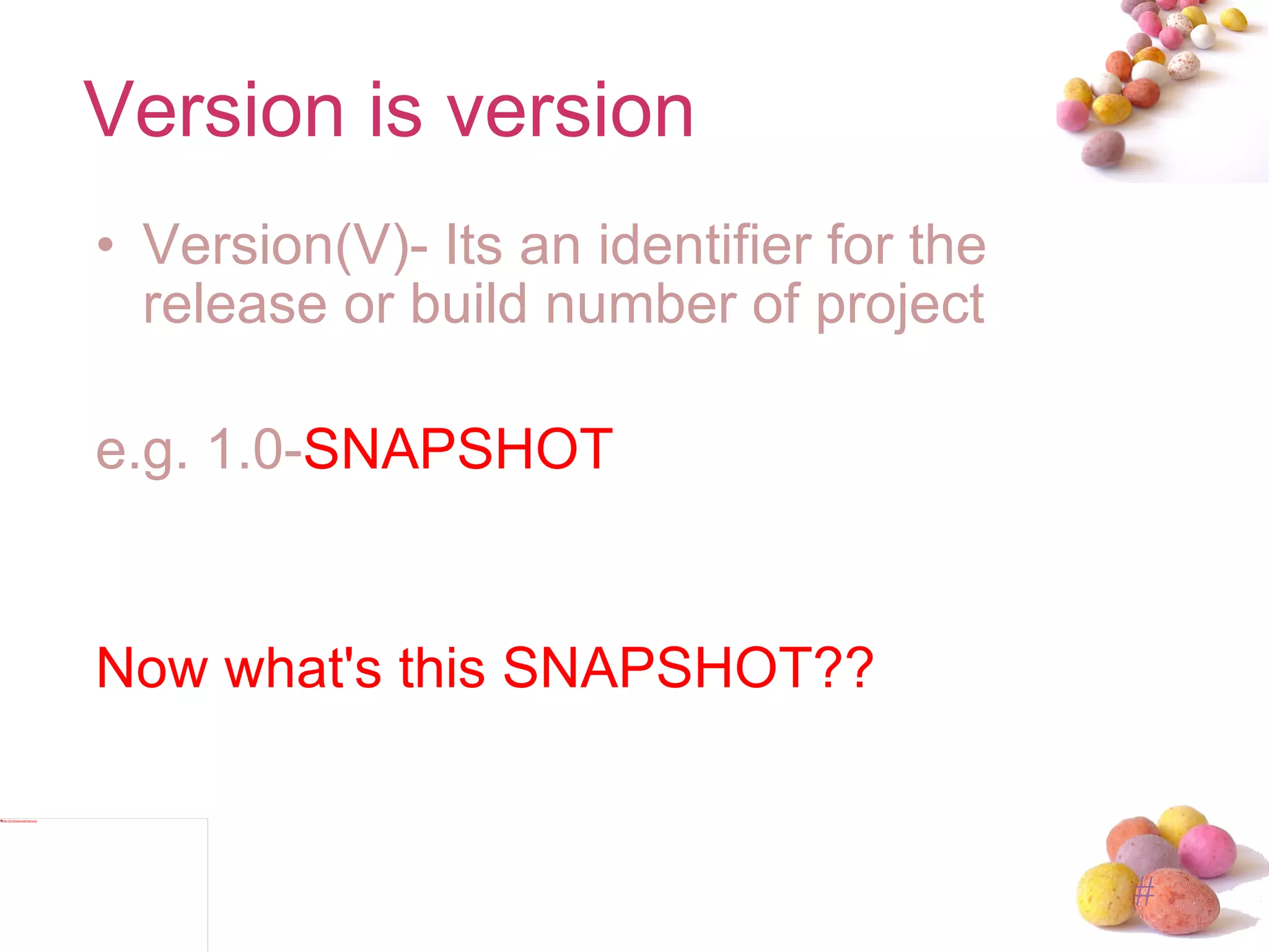Version is version Version(V)- Its an identifier for the release or build number of project e.g. 1.0- SNAPSHOT Now what's this SNAPSHOT?? 