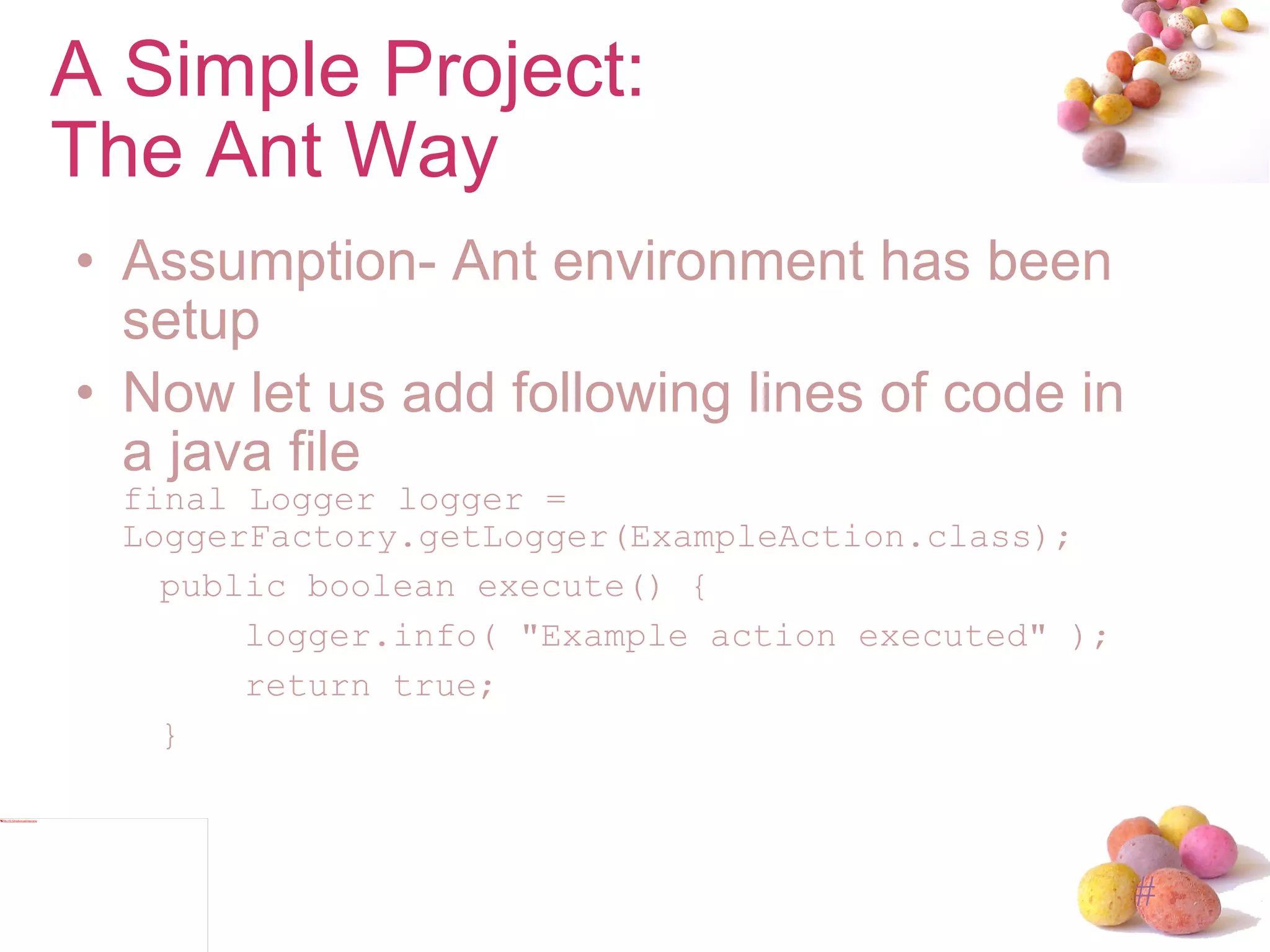 A Simple Project: The Ant Way Assumption- Ant environment has been setup  Now let us add following lines of code in a java file final Logger logger =  LoggerFactory.getLogger(ExampleAction.class); public boolean execute() { logger.info( "Example action executed" ); return true; } 