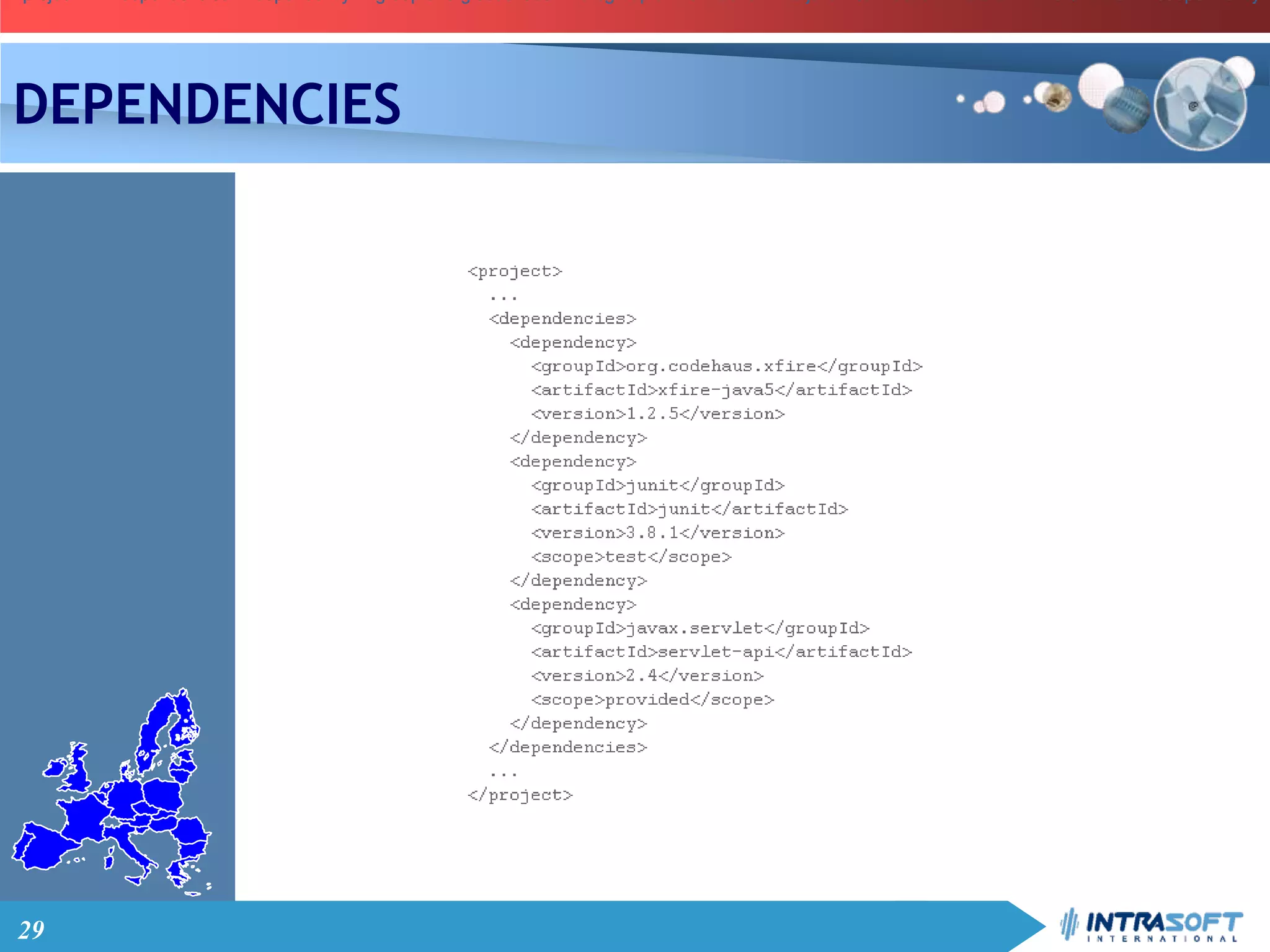 29
<project> ... <dependencies> <dependency> <groupId>org.codehaus.xfire</groupId> <artifactId>xfire-java5</artifactId> <version>1.2.5</version> </dependency><project> ... <dependencies> <dependency> <groupId>org.codehaus.xfire</groupId> <artifactId>xfire-java5</artifactId> <version>1.2.5</version> </dependency><project> ... <dependencies> <dependency> <groupId>org.codehaus.xfire</groupId> <artifactId>xfire-java5</artifactId> <version>1.2.5</version> </dependency>
DEPENDENCIES
 