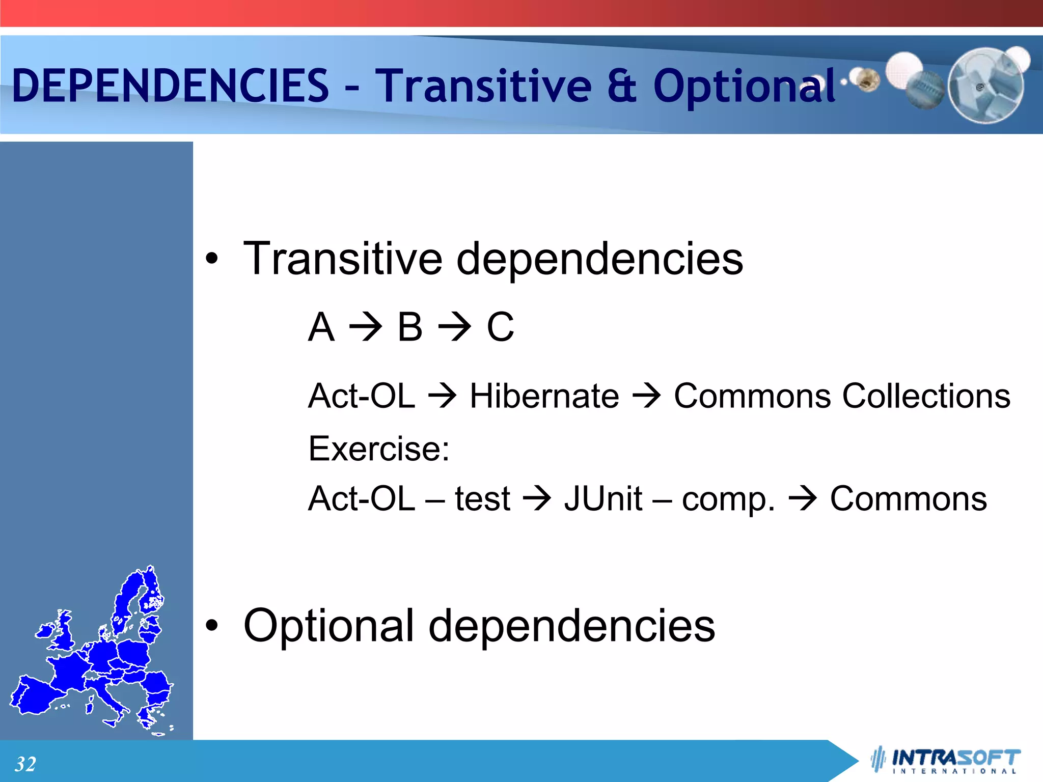 32
DEPENDENCIES – Transitive & Optional
• Transitive dependencies
A  B  C
Act-OL  Hibernate  Commons Collections
Exercise:
Act-OL – test  JUnit – comp.  Commons
• Optional dependencies
 
