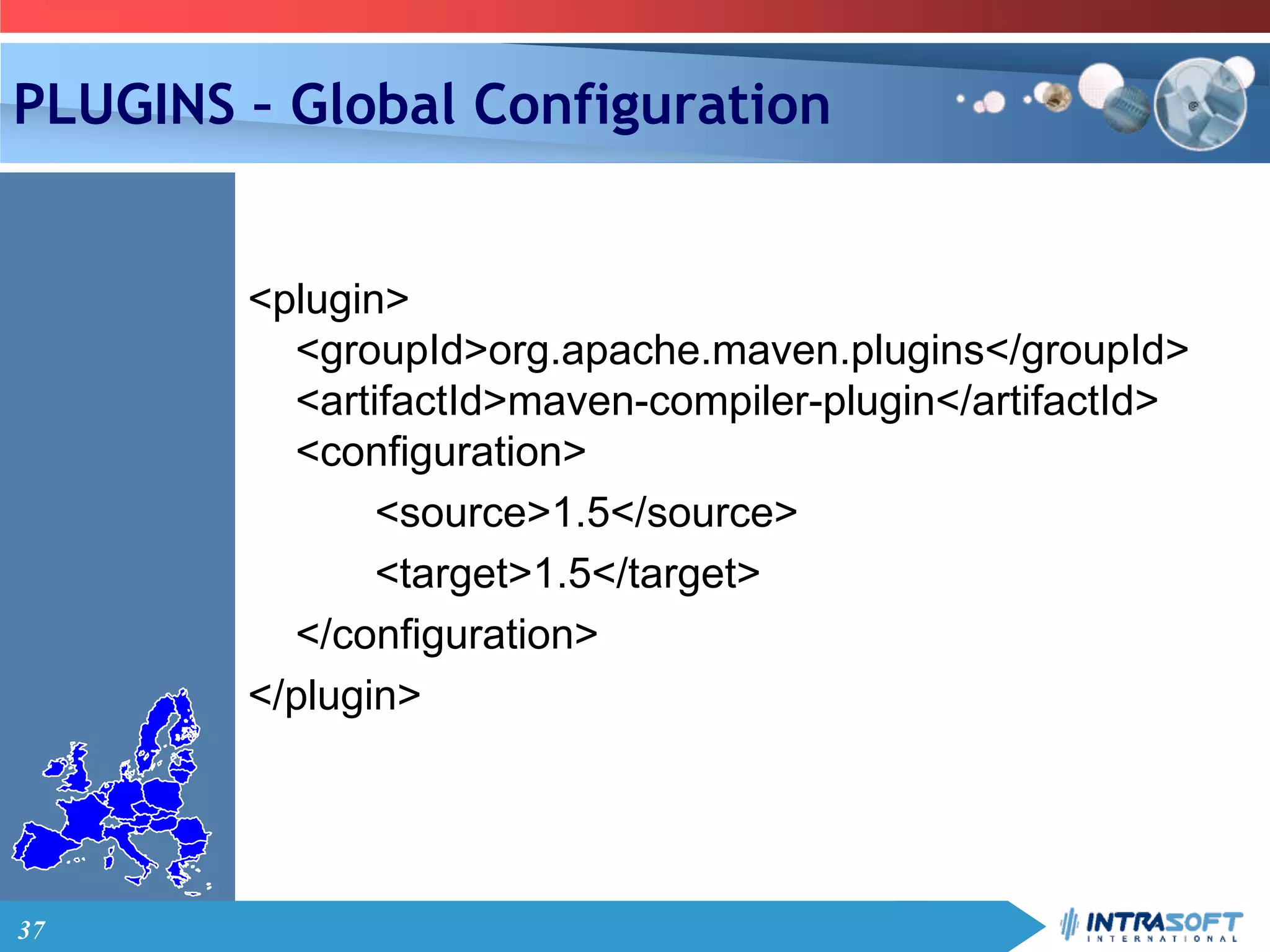 37
PLUGINS – Global Configuration
<plugin>
<groupId>org.apache.maven.plugins</groupId>
<artifactId>maven-compiler-plugin</artifactId>
<configuration>
<source>1.5</source>
<target>1.5</target>
</configuration>
</plugin>
 