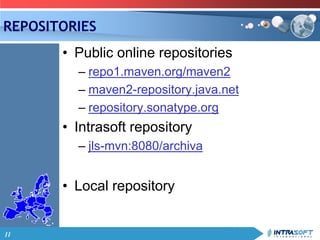 11
REPOSITORIES
• Public online repositories
– repo1.maven.org/maven2
– maven2-repository.java.net
– repository.sonatype.org
• Intrasoft repository
– jls-mvn:8080/archiva
• Local repository
 