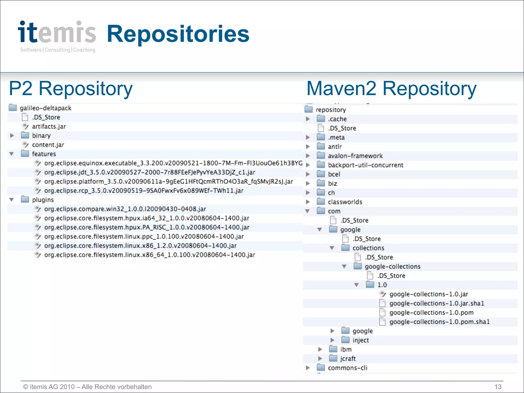 Repositories

P2 Repository                                 Maven2 Repository




 © itemis AG 2010 – Alle Rechte vorbehalten                       13
 