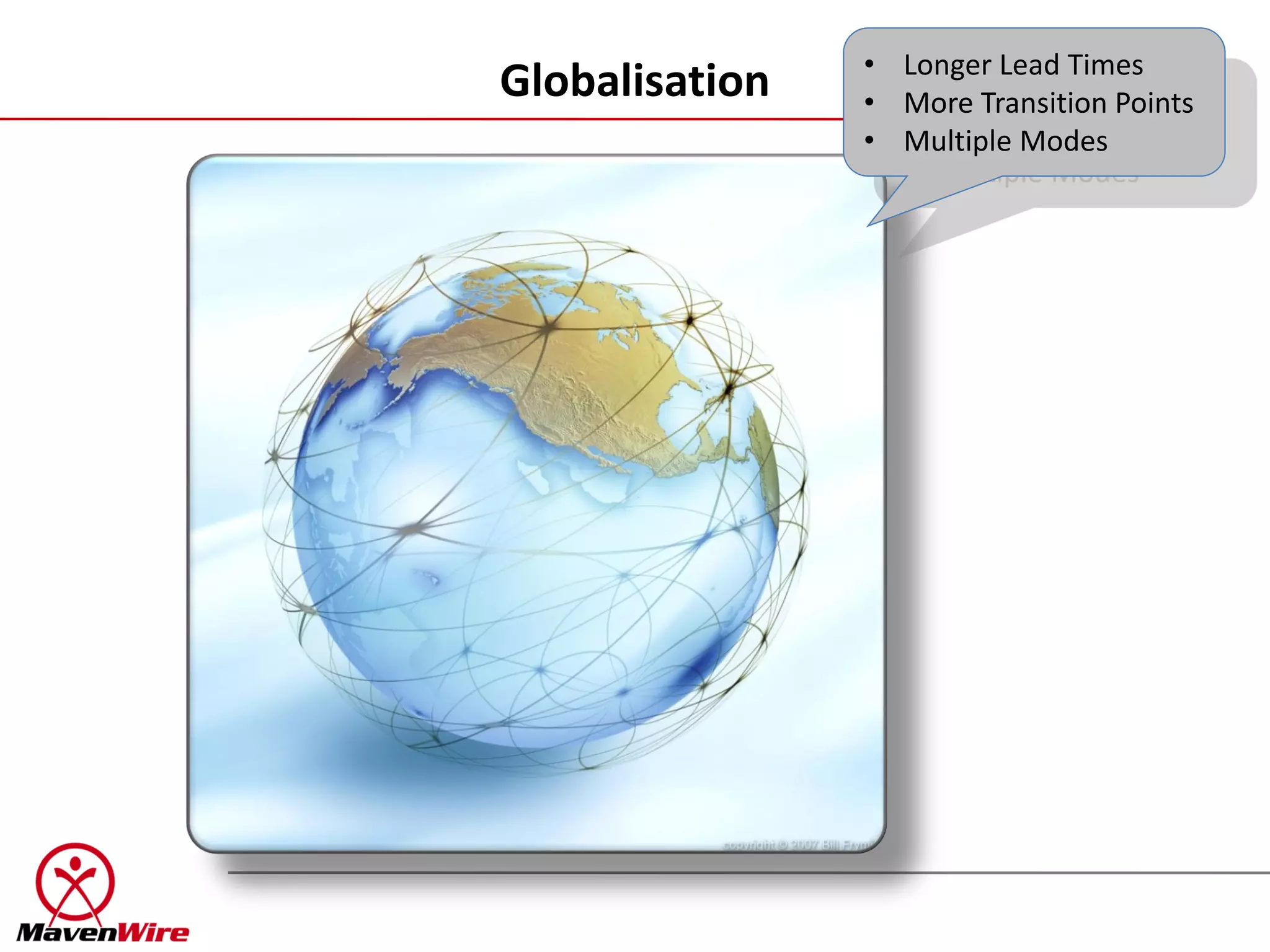 • Longer Lead Times
Globalisation   • More Transition Points
                • Multiple Modes
 