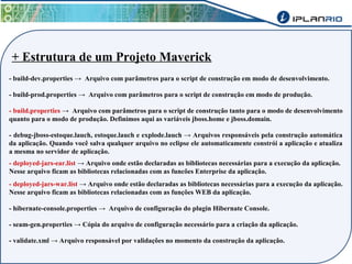 + Estrutura de um Projeto Maverick 
- build-dev.properties → Arquivo com parâmetros para o script de construção em modo de desenvolvimento. 
- build-prod.properties → Arquivo com parâmetros para o script de construção em modo de produção. 
- build.properties → Arquivo com parâmetros para o script de construção tanto para o modo de desenvolvimento 
quanto para o modo de produção. Definimos aqui as variáveis jboss.home e jboss.domain. 
- debug-jboss-estoque.lauch, estoque.lauch e explode.lauch → Arquivos responsáveis pela construção automática 
da aplicação. Quando você salva qualquer arquivo no eclipse ele automaticamente constrói a aplicação e atualiza 
a mesma no servidor de aplicação. 
- deployed-jars-ear.list → Arquivo onde estão declaradas as bibliotecas necessárias para a execução da aplicação. 
Nesse arquivo ficam as bibliotecas relacionadas com as funcões Enterprise da aplicação. 
- deployed-jars-war.list → Arquivo onde estão declaradas as bibliotecas necessárias para a execução da aplicação. 
Nesse arquivo ficam as bibliotecas relacionadas com as funções WEB da aplicação. 
- hibernate-console.properties → Arquivo de configuração do plugin Hibernate Console. 
- seam-gen.properties → Cópia do arquivo de configuração necessário para a criação da aplicação. 
- validate.xml → Arquivo responsável por validações no momento da construção da aplicação. 
 