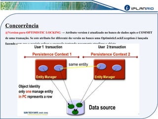 Concorrência 
@Version para OPTIMISTIC LOCKING → Atributo version é atualizado no banco de dados após o COMMIT 
de uma transação. Se este atributo for diferente da versão no banco uma OptimisticLockException é lançada 
fazendo com que o usuário refaça a operação tentando novamente atualizar o objeto. 
 