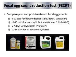 • Compare pre- and post-treatment fecal egg counts
a) 8-10 days for benzimidazoles (SafeGuard®, Valbazen®)
b) 14-17 days for macrocylic lactones (Ivomec®, Cydectin®)
c) 5-7 days for levamisole (Prohibit®)
d) 10-14 days for all dewormers/classes.
Fecal egg count reduction test (FECRT)
 