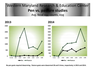 Western Maryland Research & Education Center
Pen vs. pasture studies
Avg. fecal egg counts, epg
2013 2014
0
500
1000
1500
2000
2500
d (-12) d-0 d-14 d-28 d-42 d-56 d-70 d-84
Pen Pasture
0
500
1000
1500
2000
2500
3000
3500
4000
4500
5000
d (-6) d-0 d-14 d-28 d-42 d-56 d-70 d-84
Pen Pasture
No pen goats required deworming. Pasture goats were dewormed 28 and 5 times, respectively, in 2013 and 2014.
 