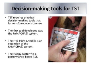 Decision-making tools for TST
• TST requires practical
decision-making tools that
farmers/ producers can use.
• The first tool developed was
the FAMACHA© system.
• The Five Point Check© is an
extension of the
FAMACHA© system.
• The Happy Factor™ is a
performance-based TST.
 