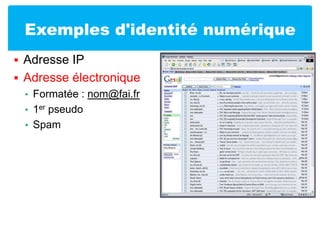 Exemples d'identité numériqueAdresse IPAdresse électroniqueFormatée : nom@fai.fr1er pseudoSpam