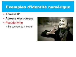 Exemples d'identité numériqueAdresse IPAdresse électroniquePseudonymeSe cacher/ se montrer