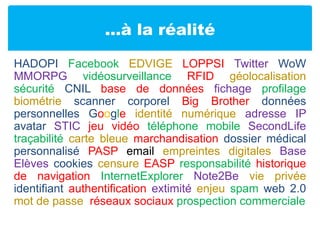 …à la réalitéHADOPI FacebookEDVIGE LOPPSITwitterWoWMMORPGvidéosurveillanceRFIDgéolocalisationsécuritéCNIL base de donnéesfichageprofilagebiométrie scanner corporel Big Brotherdonnées personnelles Googleidentité numérique adresse IPavatar STICjeu vidéotéléphone mobileSecondLifetraçabilitécarte bleue marchandisationdossier médical personnalisé PASPemail empreintes digitales Base Elèvescookies censure EASPresponsabilitéhistorique de navigationInternetExplorerNote2Bevie privée identifiant authentificationextimitéenjeu spam web 2.0 mot de passe  réseaux sociaux prospection commerciale