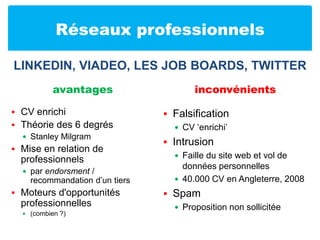 Réseaux professionnelsavantagesCV enrichiThéorie des 6 degrésStanley MilgramMise en relation de professionnelspar endorsment / recommandation d’un tiersMoteurs d'opportunités professionnelles (combien ?)inconvénientsFalsificationCV ‘enrichi’IntrusionFaille du site web et vol de données personnelles40.000 CV en Angleterre, 2008SpamProposition non sollicitéeLinkedIn, Viadeo, les job boards, Twitter