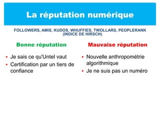 La réputation numériqueBonne réputationJe sais ce qu'Untel vautCertification par un tiers de confianceMauvaise réputationNouvelle anthropométrie algorithmiqueJe ne suis pas un numéroFollowers, amis, kudos, whuffies, twollars, Peoplerank (indice de hirsch)