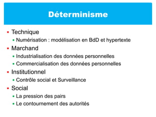 DéterminismeTechniqueNumérisation : modélisation en BdD et hypertexteMarchandIndustrialisation des données personnellesCommercialisation des données personnellesInstitutionnelContrôle social et Surveillance SocialLa pression des pairsLe contournement des autorités