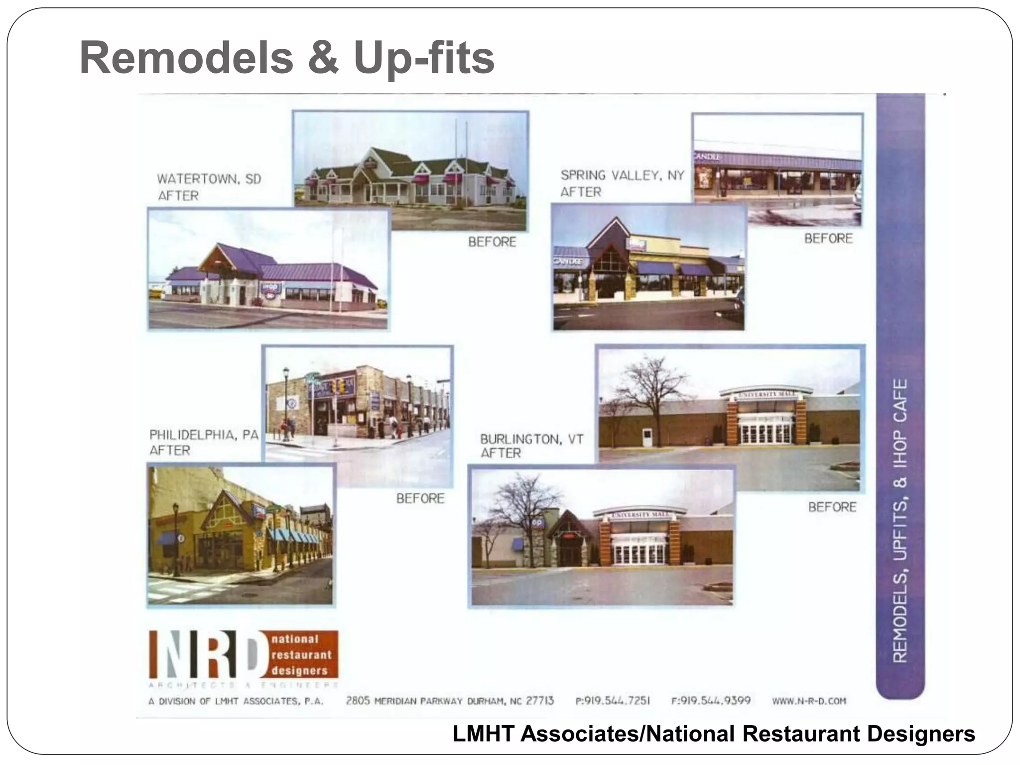 Remodels & Up-fits




                LMHT Associates/National Restaurant Designers
 