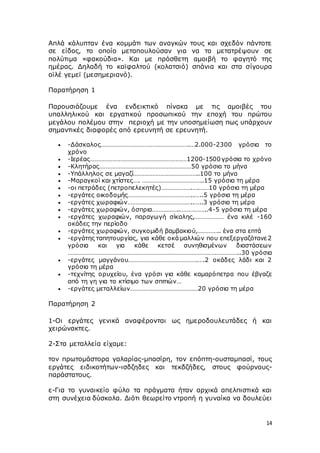 14
Απλά κάλυπταν ένα κομμάτι των αναγκών τους και σχεδόν πάντοτε
σε είδος, το οποίο μεταπουλούσαν για να το μετατρέψουν σε
πολύτιμα «φακούδια». Και με πρόσθετη αμοιβή το φαγητό της
ημέρας. Δηλαδή το καϊφαλτού (κολατσιό) σπάνια και στα σίγουρα
οϊλέ γεμεϊ (μεσημεριανό).
Παρατήρηση 1
Παρουσιάζουμε ένα ενδεικτικό πίνακα με τις αμοιβές του
υπαλληλικού και εργατικού προσωπικού την εποχή του πρώτου
μεγάλου πολέμου στην περιοχή με την υποσημείωση πως υπάρχουν
σημαντικές διαφορές από ερευνητή σε ερευνητή.
 -Δάσκαλος……………………………………………….…2.000-2300 γρόσια το
χρόνο
 -Ιερέας……………………………………………………1200-1500 γρόσια το χρόνο
 -Κλητήρας…………………………………………………50 γρόσια το μήνα
 -Υπάλληλος σε μαγαζί…………………………………..100 το μήνα
 -Μαραγκοί και χτίστες…. ………………………………..15 γρόσια τη μέρα
 -οι πετράδες (πετροπελεκητές)……………….….……10 γρόσια τη μέρα
 -εργάτες οικοδομής…………………………………..…..5 γρόσια τη μέρα
 -εργάτες χωραφιών…………………………………..…..3 γρόσια τη μέρα
 -εργάτες χωραφιών, όσπρια……………..……………..4-5 γρόσια τη μέρα
 -εργάτες χωραφιών, παραγωγή σίκαλης,……………… ένα κιλέ -160
οκάδες την περίοδο
 -εργάτες χωραφιών, συγκομιδή βαμβακιού,………….. ένα στα επτά
 -εργάτης ταπητουργίας, για κάθε οκά μαλλιών που επεξεργαζότανε 2
γρόσια και για κάθε κετσέ συνηθισμένων διαστάσεων
……………………………………………………………………………………………..30 γρόσια
 -εργάτες μαγγάνου…………………………………….….2 οκάδες λάδι και 2
γρόσια τη μέρα
 -τεχνίτης ορυχείου, ένα γρόσι για κάθε καμαρόπετρα που έβγαζε
από τη γη για το κτίσιμο των σπιτιών…
 -εργάτες μεταλλείων……………………………………20 γρόσια τη μέρα
Παρατήρηση 2
1-Οι εργάτες γενικά αναφέρονται ως ημεροδουλευτάδες ή και
χειρώνακτες.
2-Στα μεταλλεία είχαμε:
τον πρωτομάστορα γαλαρίας-μπασίρη, τον επόπτη-ουσταμπασί, τους
εργάτες ειδικοτήτων-ισδζηδες και τεκδζήδες, στους φούρνους-
παράστατους.
ε-Για το γυναικείο φύλο τα πράγματα ήταν αρχικά απελπιστικά και
στη συνέχεια δύσκολα. Διότι θεωρείτο ντροπή η γυναίκα να δουλεύει
 