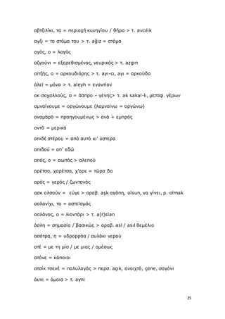 25
αβτζιλίκι, το = περιοχή κυνηγίου / θήρα > τ. avcılık
αγζι = το στόμα του > τ. ağız = στόμα
αγός, ο = λαγός
αζγούνι = εξερεθισμένος, νευρικός > τ. azgιn
αϊτζής, ο = αρκουδιάρης > τ. ayι-cι, ayι = αρκούδα
άλεϊ = μόνο > τ. aleyh = εναντίον
ακ σαχαλλούς, ο = άσπρο – γένης> τ. ak sakal-lι, μεταφ. γέρων
αμναίνουμε = οργώνουμε (λαμναίνω = οργώνω)
αναμbρό = προηγουμένως > ανά + εμπρός
αντό = μερικά
απιδέ στέρου = από αυτό κι’ ύστερα
απιδού = απ’ εδώ
απός, ο = αωπός > αλεπού
αρέτσα, χαρέτσα, χ’αρε = τώρα δα
αρός = γερός / ζωντανός
ασκ ολσούν = εύγε > αραβ. aşk αγάπη, olsun, να γίνει, ρ. olmak
ασλανίχι, το = αστεϊσμός
ασλάνος, ο = λιοντάρι > τ. a(r)slan
άσλη = σημασία / βασικώς > αραβ. asl / asıl θεμέλιο
ασότρα, η = υδρορρόα / αυλάκι νερού
ατέ = με τη μία / με μιας / αμέσως
ατόνε = κάποιοι
ατσίκ τσενέ = πολυλογάς > περσ. açık, ανοιχτό, çene, σαγόνι
άυνι = όμοια > τ. ayni
 