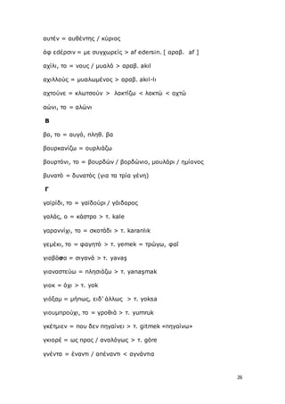 26
αυτέν = αυθέντης / κύριος
άφ εdέρσιν = με συγχωρείς > af edersin. [ αραβ. af ]
αχίλι, το = νους / μυαλό > αραβ. akιl
αχιλλούς = μυαλωμένος > αραβ. akıl-lı
αχτούνε = κλωτσούν > λακτίζω < λακτώ < αχτώ
αώνι, το = αλώνι
Β
βο, το = αυγό, πληθ. βα
βουρκανίζω = ουρλιάζω
βουρτόνι, το = βουρδών / βορδώνιο, μουλάρι / ημίονος
βυνατό = δυνατός (για τα τρία γένη)
Γ
γαϊρίδι, το = γαϊδούρι / γάιδαρος
γαλάς, ο = κάστρο > τ. kale
γαραννίχι, το = σκοτάδι > τ. karanlιk
γεμέκι, το = φαγητό > τ. yemek = τρώγω, φαΐ
γιαβάσα = σιγανά > τ. yavaş
γιαναστεύω = πλησιάζω > τ. yanaşmak
γιοκ = όχι > τ. yok
γιόξαμ = μήπως, ειδ’ άλλως > τ. yoksa
γιουμπρούχι, το = γροθιά > τ. yumruk
γκέτμιεν = που δεν πηγαίνει > τ. gitmek «πηγαίνω»
γκιορέ = ως προς / αναλόγως > τ. göre
γνέντα = έναντι / απέναντι < αγνάντια
 